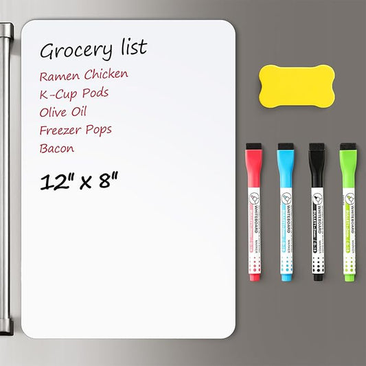 1 Pack Magnetic Dry Erase Board Sheet for Fridge, 12"x8" Erasable Refrigerator WhiteBoard w/ 4 Markers & 1 Eraser- Smooth and Flexible Small Magnet Blank Notepad for Home Kitchen Organizer and Planner