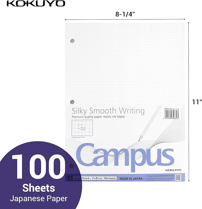 KOKUYO 5x5 Graph Paper, Loose Leaf Paper 8.25"x11", 100 Sheets, Smooth Writing Surface, Bleed Resistant Filler Paper for Math, Engineering, Art Projects. Japan Import (WSG-NO-887G2)