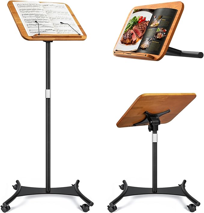 2 in 1 Dual-use Music Stand & Desktop Book Stand, Adjustable Height 16.5"-51", 100% Solid Wood Laptop Floor Stand Book Holder with Elastic Page Clips for Cookbooks, Sheet Music (Brown-Wheeled)
