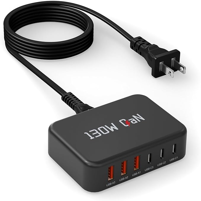 [2026 Upadated]130W Charging Station 6-Port Type C Fast Charger Block Charging station Multiport Adpater for Galaxy S26 S25 S24 S23 S22+/iPhone 17/16 Series, iPad, Pixel, and More,5ft Power Cord-Black