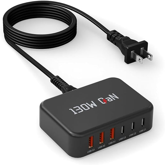 [2026 Upadated]130W Charging Station 6-Port Type C Fast Charger Block Charging station Multiport Adpater for Galaxy S26 S25 S24 S23 S22+/iPhone 17/16 Series, iPad, Pixel, and More,5ft Power Cord-Black