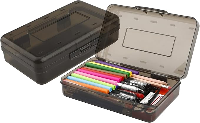 Pencil Box, Large Capacity Clear Pencil Case, 1 Pack Hard Pencil Case, Crayon Box with Snap-tight Lid Stackable Design, Plastic Storage Box for Office Supplies, Black