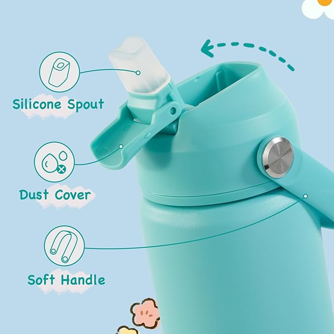Kerilyn 12oz Kids Water Bottle, Stainless Steel Insulated Water Bottle for Kids, Toddler Cup With Straws Leak-proof, Toddler Water Bottles for School Boys Girls, BPA Free, Green (Pack of 3)