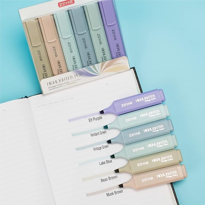 ZEYAR Highlighter Pen, Vintage Colors Chisel Tip Markers, Water Based, Quick Dry, No Bleed, for Bible Study Notes School Office (12 Vintage Colors)