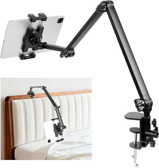 Tablet Stand Holder for Desk and Bed, Adjustable Aluminum Foldable Arm iPad Mount Clamp on Table Compatible with iPad Air Mini, Galaxy Tabs, 4.7-12.9" Tablets and Phones