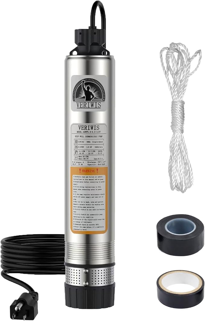 4" Submersible Septic Tank Pump 1/2HP 115V 26GPM 138FT Head | Clog-Resistant Bottom Suction, 3-Year Warranty, 33FT UL Cord, Stainless Steel, for Deep Well Effluent Cistern Irrigation