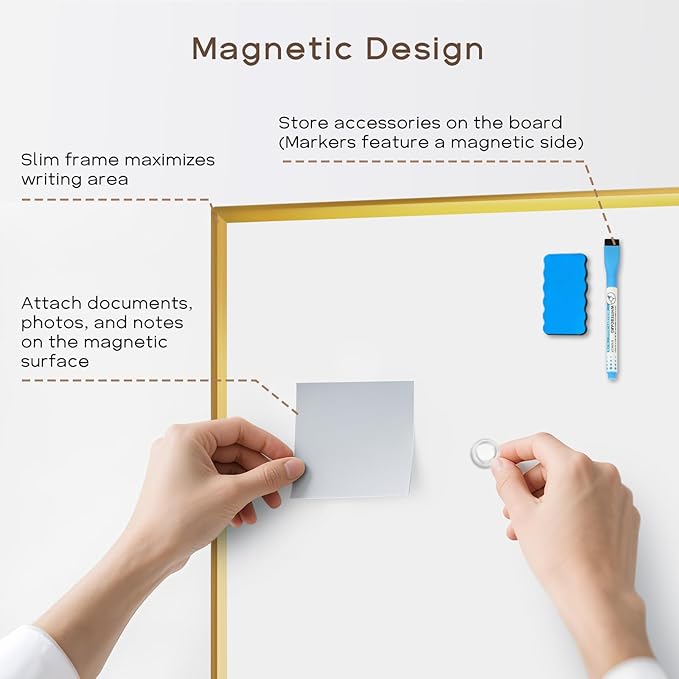 Dry Erase White Board, 30" x 20" Magnetic Whiteboard with Gold Aluminum Frame, Hanging Writing Board for Home, Office, School