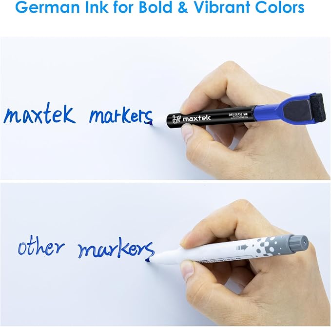 maxtek Magnetic Whiteboard Markers - 12 Count Blue Fine Tip Dry Erase Markers with Eraser for Kids, Low Odor Thin Markers for Calendar Boards