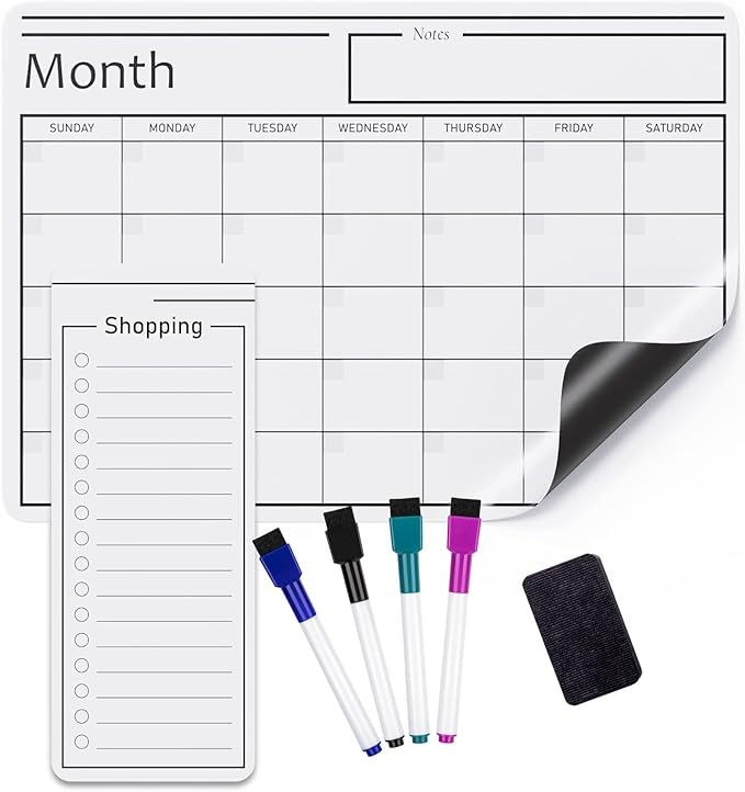 Amazon Basics Magnetic Dry Erase Whiteboard Calendar for Fridge, Easy to Clean, Schedule Organizer, 12" x 17", Includes 4 Markers and Eraser