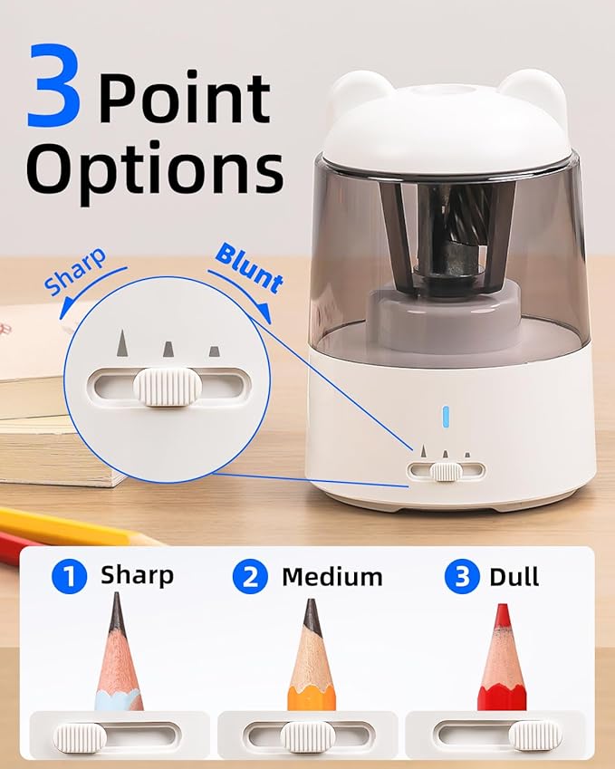 ZMOL Colored Pencil Sharpener, Rechargeable Electric Pencil Sharpener, Auto Stop, Pencil Sharpeners for Battery Powered Cute for Kids Gift No.2/Colored Pencils (6-8mm), Classroom/Office/Home White
