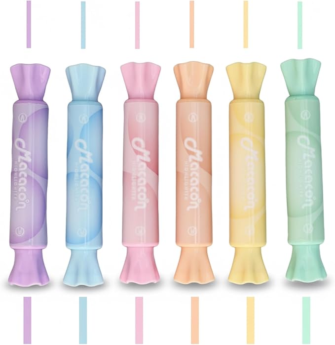 6 Pack Cute Candy Shaped Highlighters, Dual Tip Pastel Highlighter, Assorted Colors Marker Pen for Journals Planners Books Notes, Quick Dry, Write Smoothly, Macaron Colors