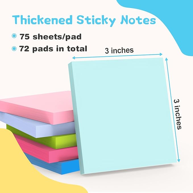 (72 Pads) Sticky Notes Bulk 3x3 Inch - 75 Sheets/Pad, 12 Assorted Colors, Easy to Post for School, Office (5400 Total Sheets)