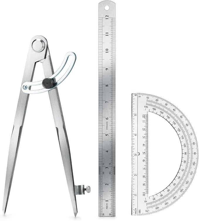 Compass Geometry Tool, Drawing Compass, Professional 12 Inch Large Compass with Wing for Woodworking, 6 Inch Protractor, 12 Inch Ruler for Carpenter, Drafting