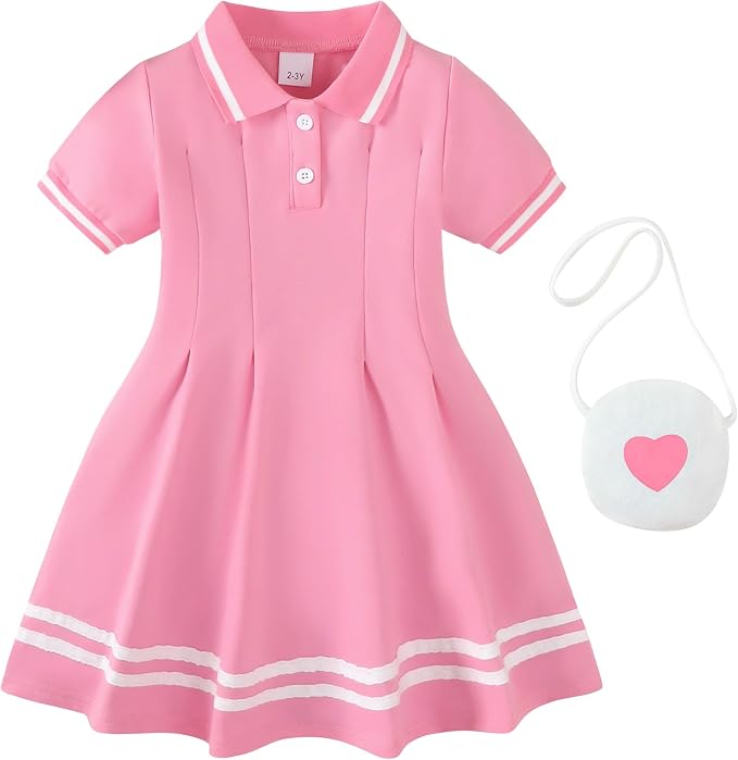 Renotemy Infant Baby Girl Dress Toddler Girls Summer Clothes School Outfits Cotton Short Sleeve Polo Dresses with Bag 12M-5T