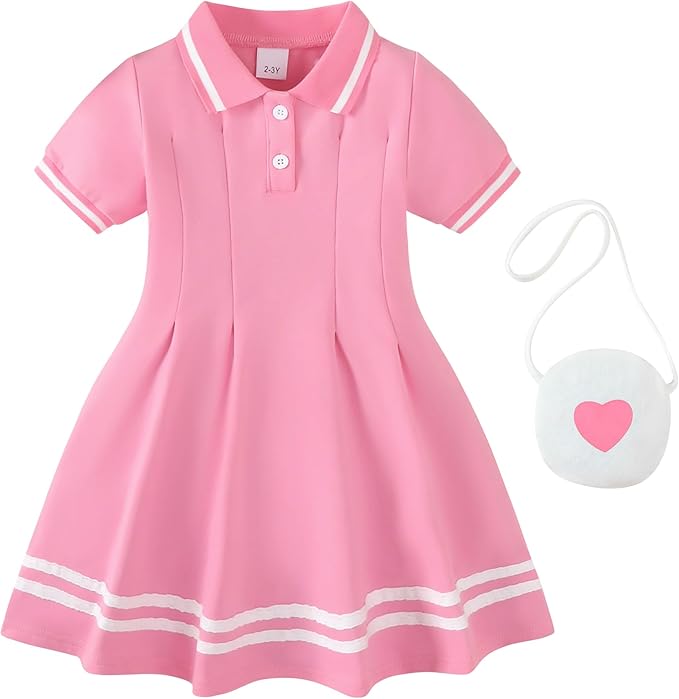 Renotemy Infant Baby Girl Dress Toddler Girls Summer Clothes School Outfits Cotton Short Sleeve Polo Dresses with Bag 12M-5T