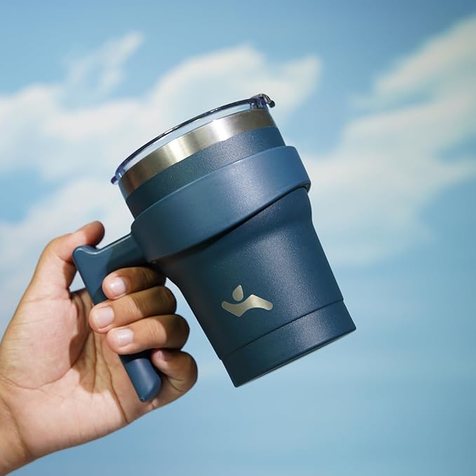 Konokyo 10 oz Tumbler with Handle and 2 Straw 2 Lid, Insulated Water Bottle Stainless Steel Vacuum Cup Reusable Travel Mug, Navy Blue