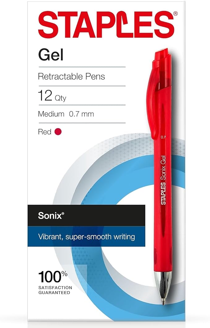 STAPLES Retractable Gel Pens, Medium Point 0.7mm, Red Ink, 12 Pack – Sonix Smooth‑Writing Gel Pens for Editing & Office Use