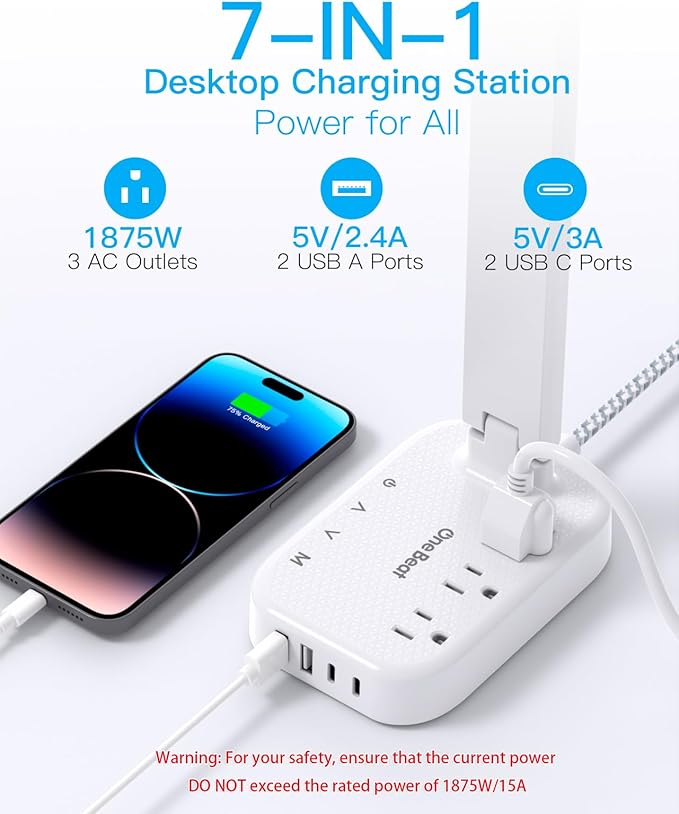 One Beat Small LED Desk Lamp Power Strip 5ft Extension Cord with 3 Outlets 4 USB Ports(2 USB C), 4 Modes, 5 Level Touch Lamp Study Reading Light, Home Office Bedroom College Dorm Room Essentials,White