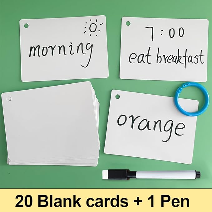 Lachilly 20Pcs Dry Erase Index Cards – Laminated Cards for Versatile Use, Reusable Blank Cards for Home, Work, and School - Cardstock 3.1“ x 4.3“ with Convenient Hole Punch and Storage Ring