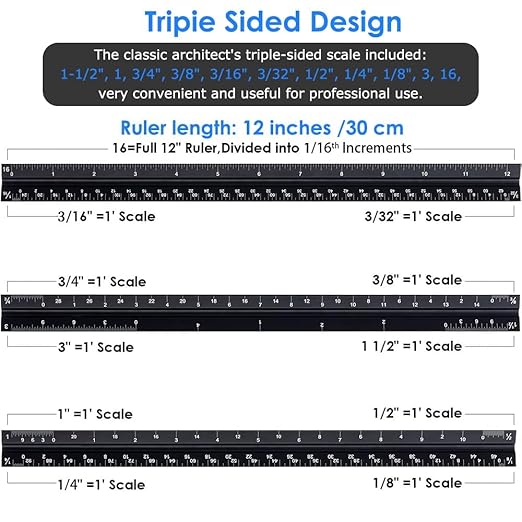 Architectural Scale Ruler, Triangular Architect Ruler 12 Inch Aluminum, Laser Etched Imperial Engineering & Drafting Tool