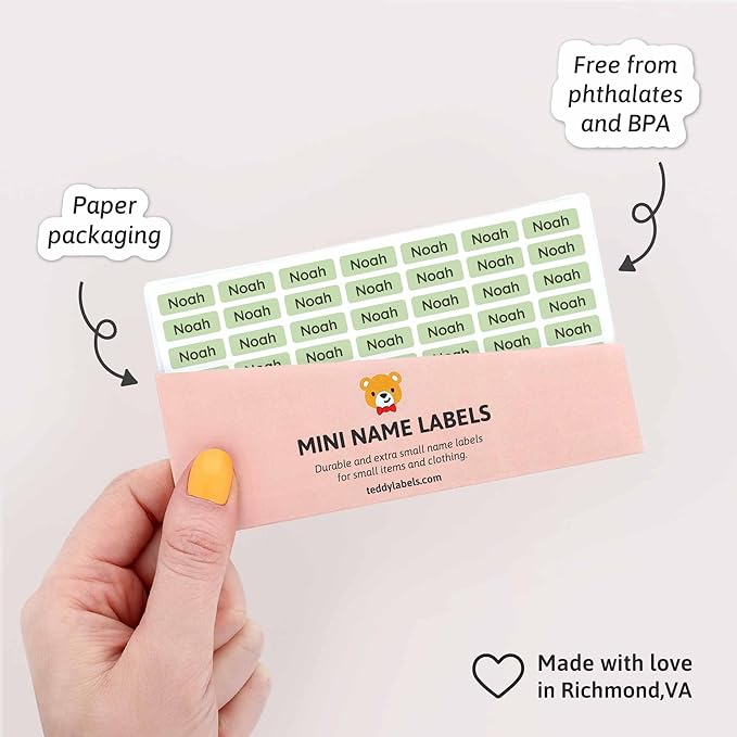 Mini Name Labels (175) - Custom Personalized Name Labels for Labeling Tiny Items, Washer and Dryer-Safe Waterproof Labels for Daycare, Preschool, and School - Light Green