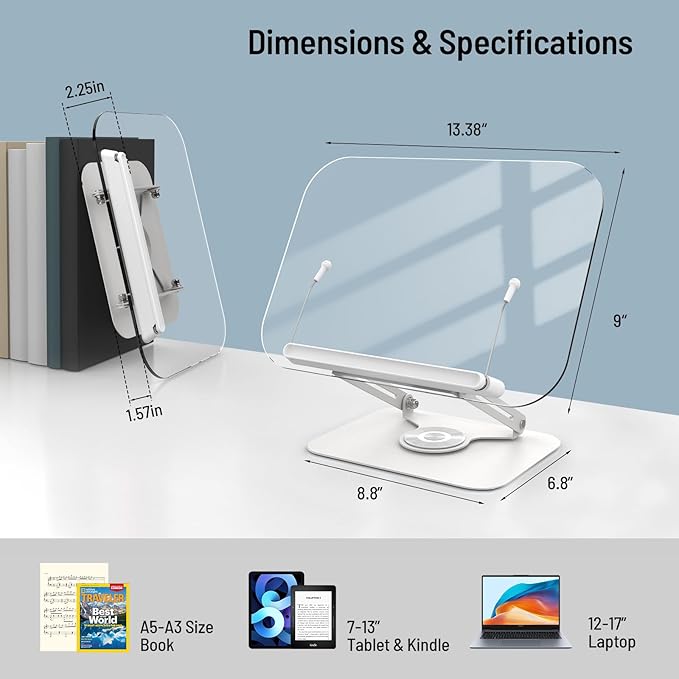 Acrylic Book Stand for Reading Hands Free - Adjustable 360° Rotating Cookbook Holder with Elastic Page Clips & Foldable Base, Multi-Angle Desktop Display Stand for Recipes, Textbooks, Tablets, Bibles
