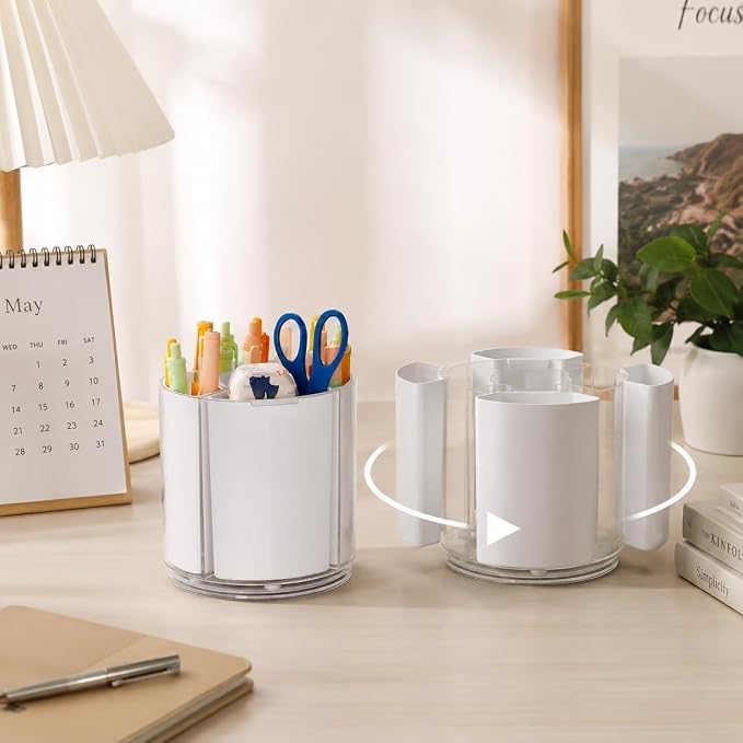 360° Rotating Pen Holder for Desk Adjustable Pencil Organizer, Gray-White | Plastic Pen Cup for Women Cute Office Supplies and Accessories Desktop Storage Box Art Caddy for School, Work, Home