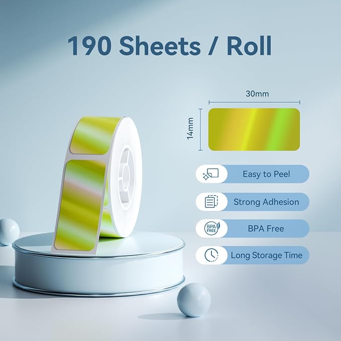 NIIMBOT Thermal Transfer Labels 0.55''x1.18'', Only for N1/B18 Label Maker | 14mmx30mm, 190 Labels/Roll, PET Material, Waterproof and High-Temperature Resistance, Long Storage Time, Hologram Yellow