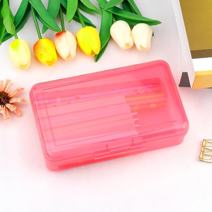 Pencil Box, Plastic Clear Pencil Case, 1 Pack Large Capacity Hard Pencil Case, Clear Crayon Box with Snap-tight Lid Stackable Design, Plastic Storage Box for Office Supplies, Pink Style 2
