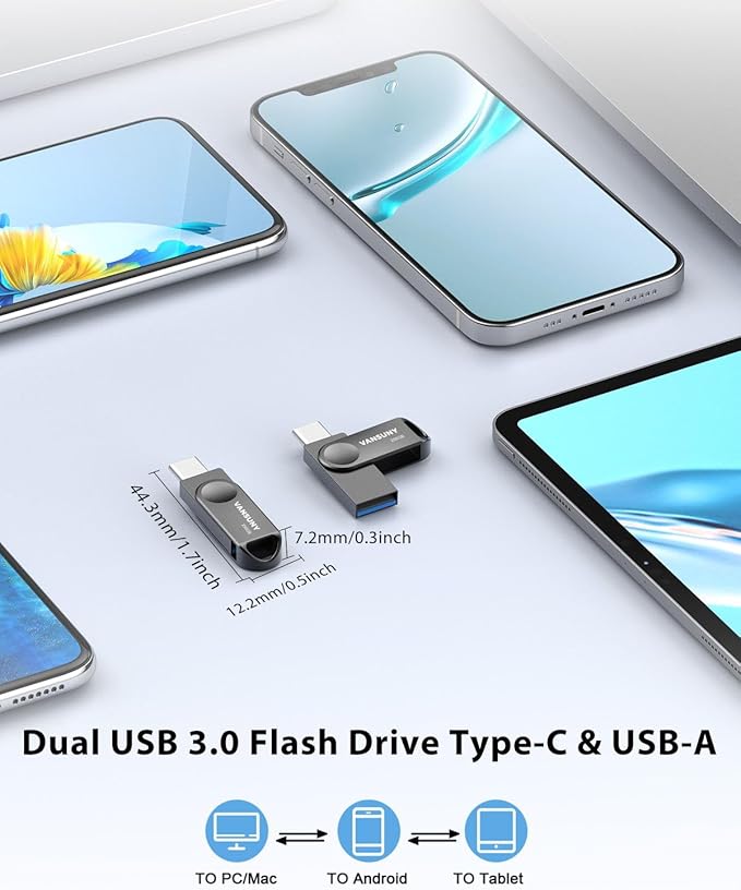 Vansuny 256GB Dual USB Type-C Flash Drive 2 in 1 OTG USB 3.0 Thumb Drive UDP-Tech Waterproof Metal Pen Drive for iPhone 15,Android Smartphones,Tablet,Laptop,PC