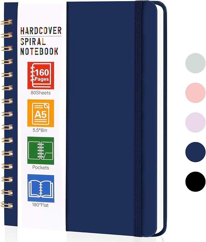 LABUK Spiral Notebook, 160 Pages A5 Lined Hardcover Notebook, 5.5 x 8in Spiral Journal for Women and Man, Work, Writing (Navy Blue)