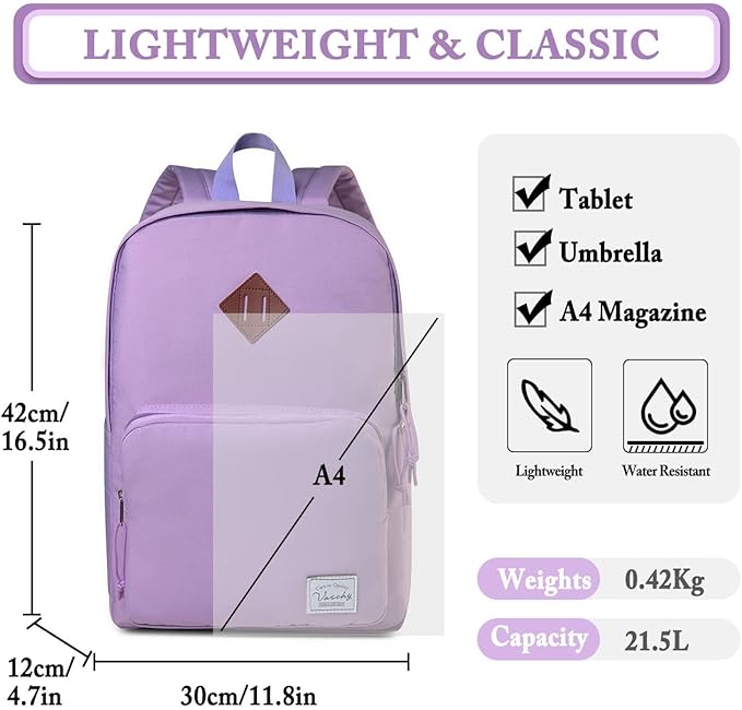 VASCHY School Backpack, Ultra Lightweight Backpack for Women Bookbag for Kids Teen Boys Girls Purple