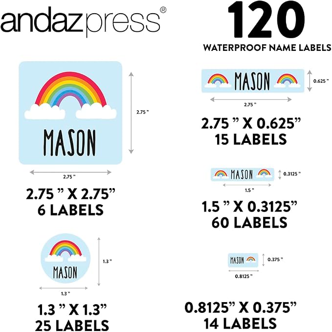 Andaz Press Custom Personalized Waterproof School Name Labels, Rainbow, 120-Pack, Kids Labels Combo Pack, Customizable Multi-Use Name Stickers for Preschool, Daycare, Supplies, Office, Camping