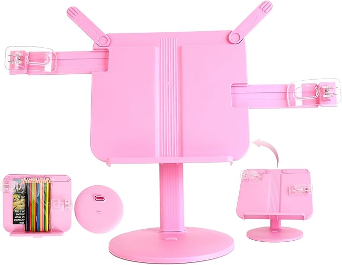 Kids Book Stand, Adjustable Reading Holder, Thick Base, Foldable Reading Stand with Elastic Page Clips, for 8.5"×11" or Smaller, Gift for Children, Pink