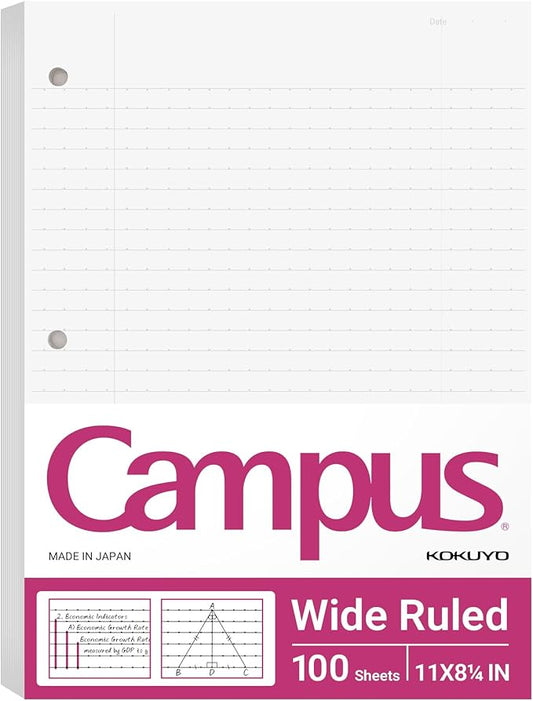Kokuyo Filler Papers, 8-1/4"x11”, Wide Ruled 3 Hole Punched Loose Leaf Paper, 100 Sheets Bleed Resistance Notebook Paper, Japanese Smooth Lined Paper for 3 Ring Binders School Supplies, Japan Import