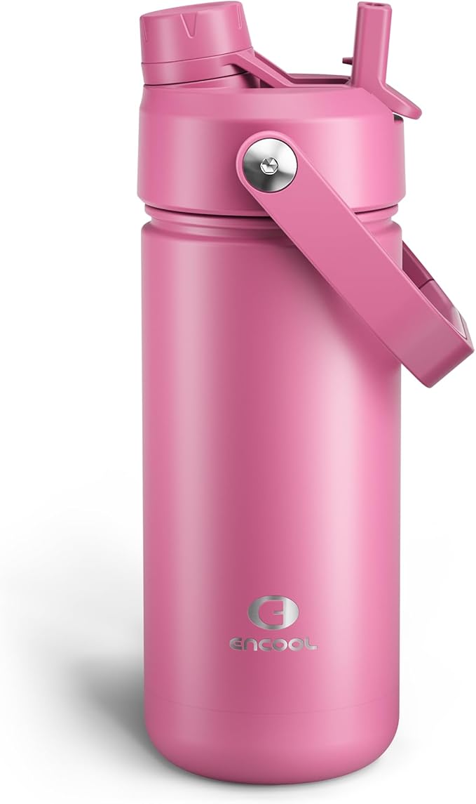 ENCOOL Insulated Water Bottle with Straw Stainless Steel Water Bottle, Leak-Proof, BPA-Free, Double Wall Vacuum Keeps Cold for 24 Hours for Sports, Travel, School (18 oz, Turkish Rose)