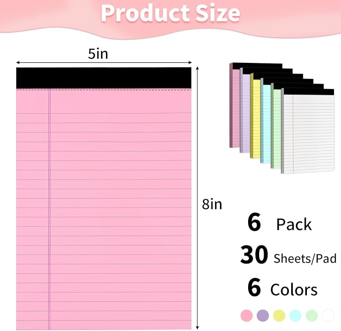 Legal Pads 5" X 8", 6 Pack Colored Note Pads,College Ruled Lined Paper Pads
