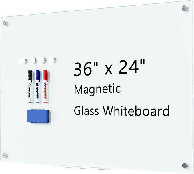 Magnetic Glass Whiteboard for Wall, 36" x 24" Large Dry Erase Board, Frameless Wall-Mounted White Board School, Classroom, Office & Home