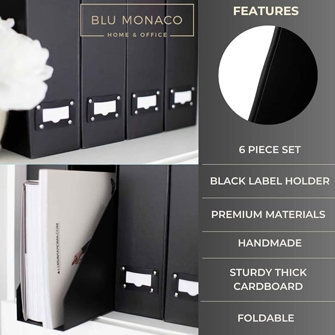BLU MONACO Foldable Black Magazine File Holder | Set of 6 Cardboard Desk Organizer Boxes | Vertical Magazine File Holder | Standing File Holder | Office Classroom or Home