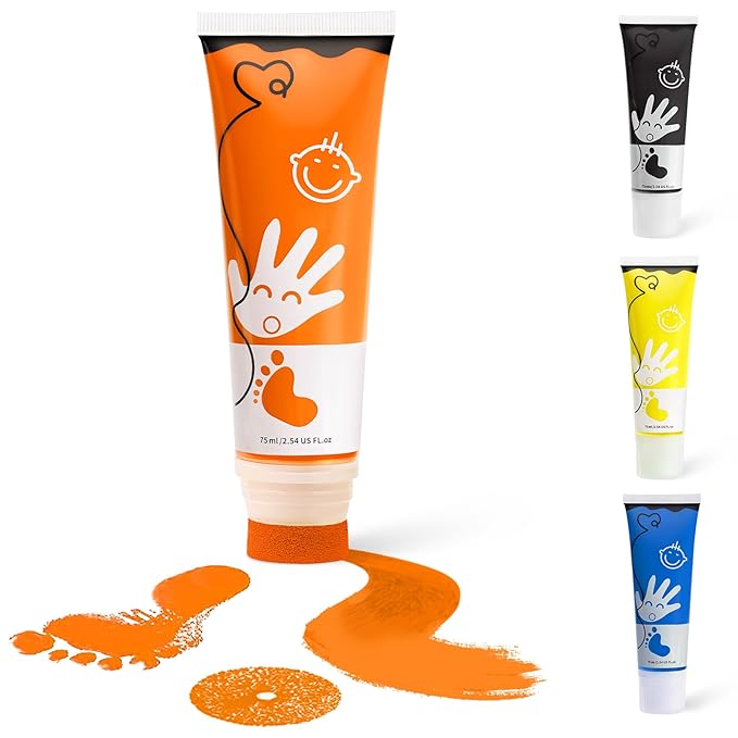 Baby Hand and Footprint Paint with Sponge Head, 2.54 fl oz, Non-Toxic & Acid-Free, Washable Baby Safe Paint for Newborn Keepsakes, Dog Nose & Paw Prints, Ideal New Mom Gift - Orange