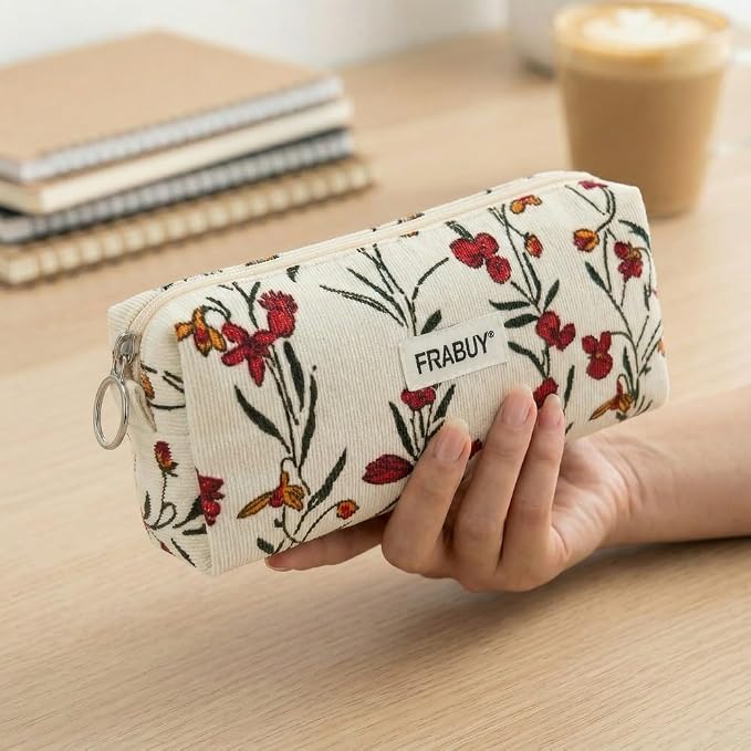 Soft Corduroy Pencil Case Pen Pouch Organizer, Small Stationery Bag | Cute begie wind flower pencil pouch, smooth zipper, daily cosmetics holder, compact organizer for school teen girls, women