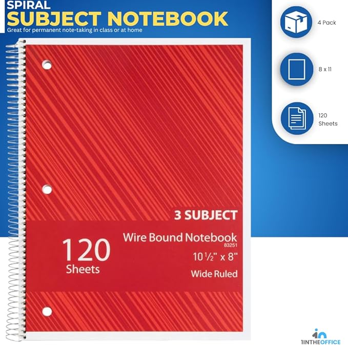 1InTheOffice Spiral Notebook College Ruled 11 x 8, 3-Subject College Ruled Notebooks, Wirebound Spiral Notebooks, 120 Sheets, Assorted Colors, 4 Pack