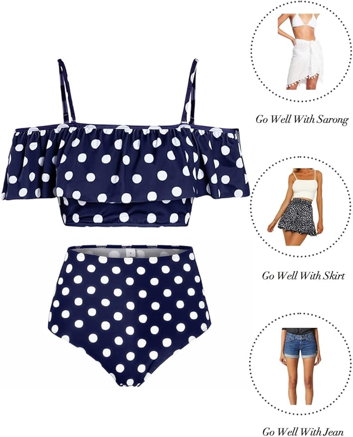 Kaei&Shi High Waisted Flounce Bikini Set,Tummy Control Swimsuits for Women,Off Shoulder