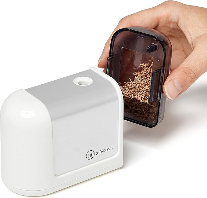 OfficeGoods Mini-Pro Electric Pencil Sharpener - Cordless Portable Sharpener - Battery Operated - Compact & Powerful for Home, Office & School - White