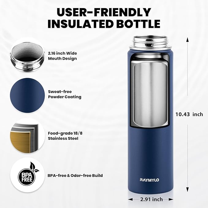 RAYMYLO Insulated Water Bottle 24oz, Triple Wall Vacuum Stainless Steel (Cold for 24Hrs, Hot for 12Hrs), Leak Proof & Non-BPA, 24oz Hydro Water Flask with Paracord Handle & Straw Spout Lids