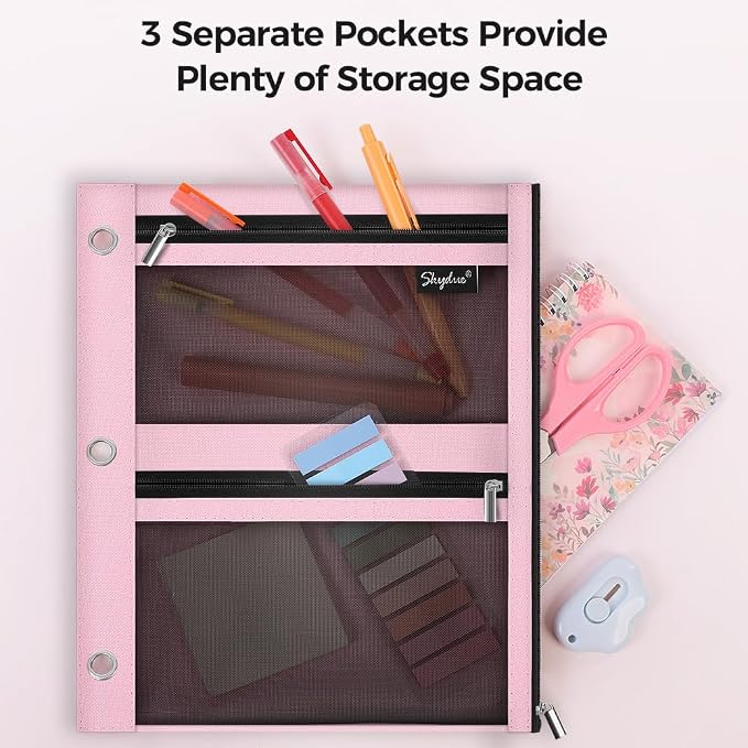 SKYDUE Pencil Pouch for 3 Ring Binder, 11"x9", 3 Pockets and Mesh Window | Zipper Pink Pencil Pouch Pencil Bag with 3 Reinforced Grommets, Organizer for School Supplies, Cables, Earbuds, Makeup