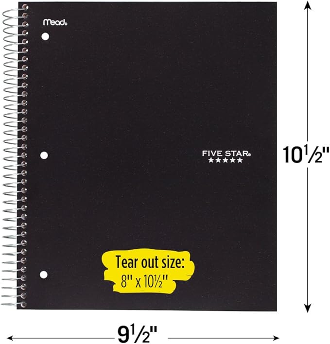 Five Star Spiral Notebooks, 5 Subject, Wide Ruled Paper, 200 Sheets, 10-1/2" x 8", Black, Blue, 2 Pack (73037)