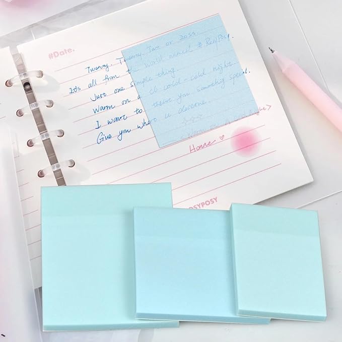 3 Pack Waterproof Sticky Notes, Transparent Sticky Notes, Glitter Sticky Notes Sets,3 Sizes: 2x2.99In,2.99x2.99In, 2.99x3.97 in for Home School Office (3, Blue)