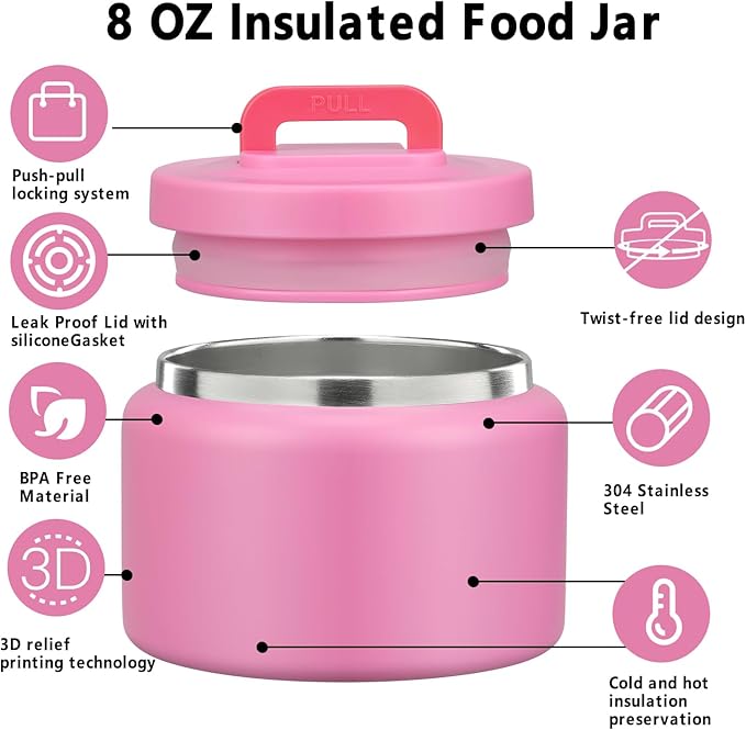 JXXM 8 Oz Thermo Food Jar for Hot & Cold Food for Kids, Insulated Lunch Containers Hot Food Jar,Leak-Proof Vacuum Stainless Steel Wide Mouth Lunch Soup Thermo for School (Rose Red)