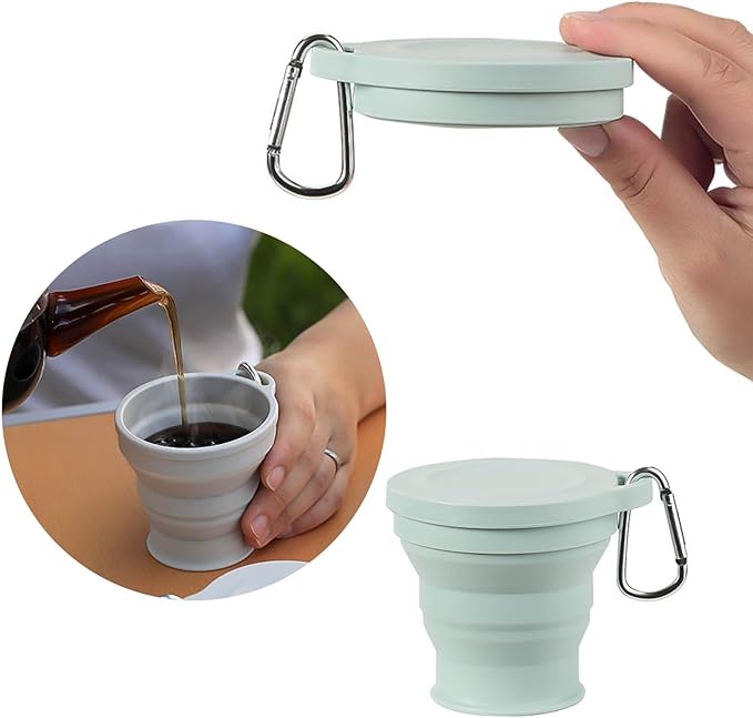 Silicone Travel Mug Folding Camping Cup with Lid Carabiner Expandable Drinking Cups Outdoor Hiking Camping Silicone Cups, Gray